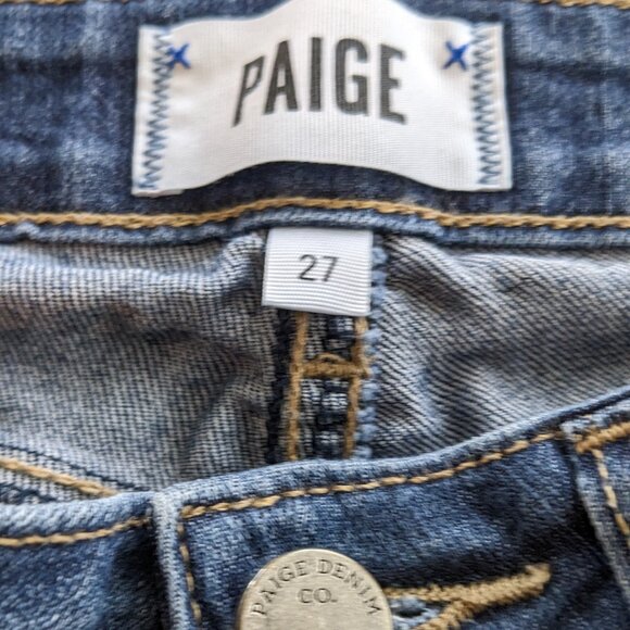 PAIGE, Dark Wash Distressed Skyline Boot Cut Low Rise Denim Blue Jeans, Size 27 - Picture 2 of 11